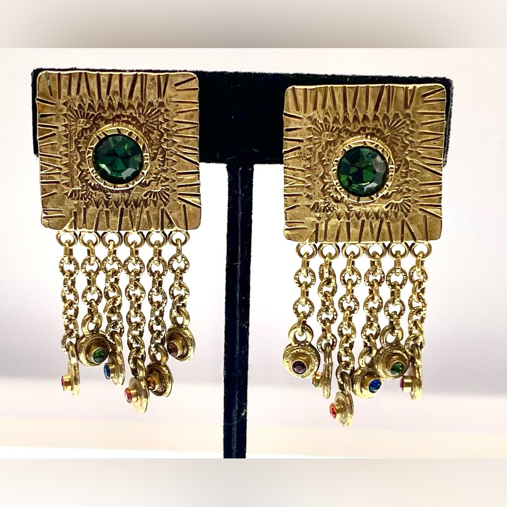 Vintage Gold and Green Geometric Earrings